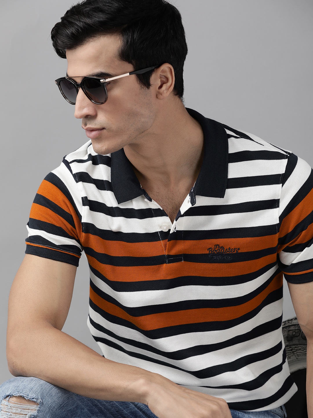 

Roadster Men White Navy Blue Striped Cotton Polo Collar T-shirt