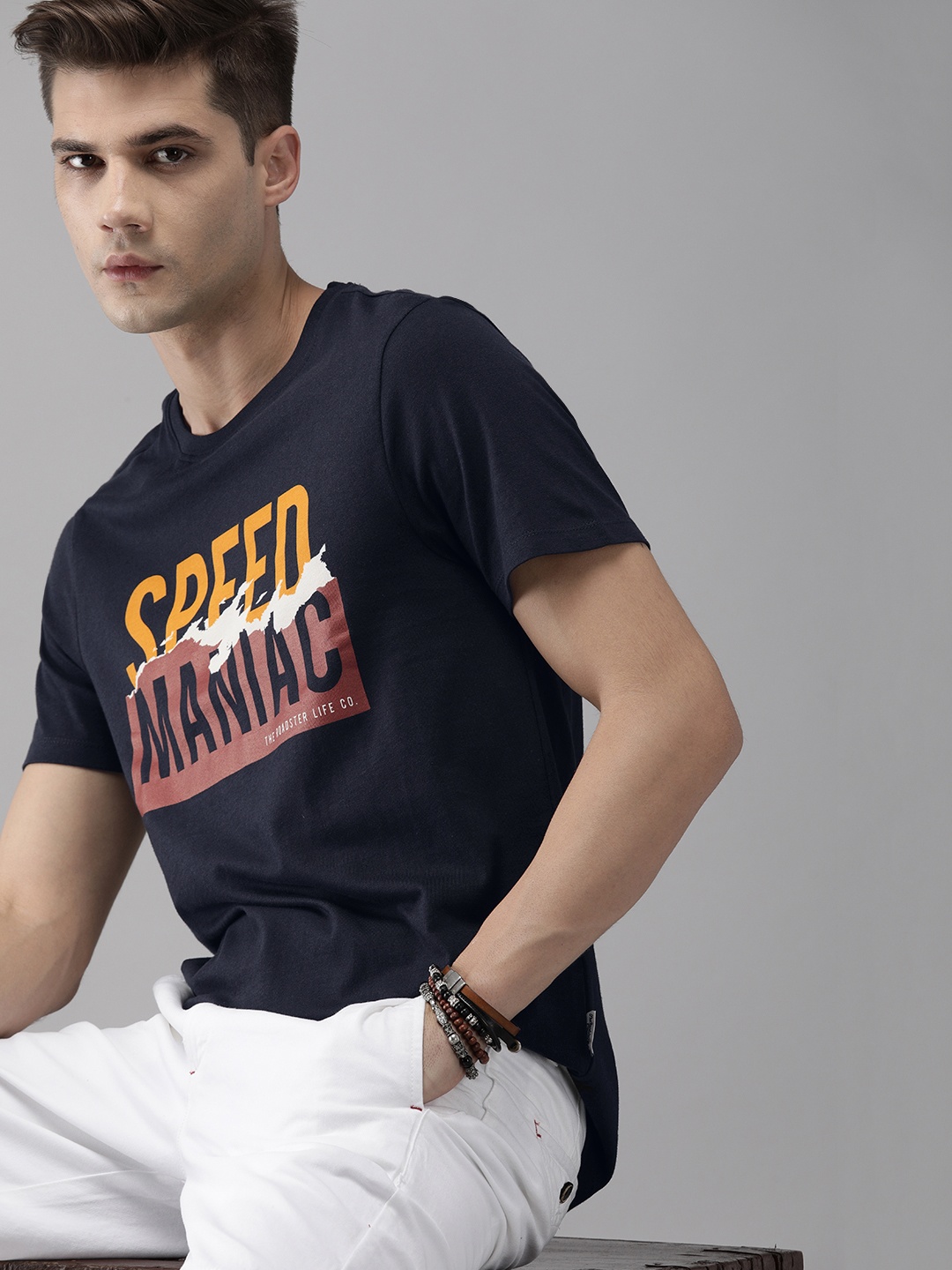 

Roadster Men Navy Blue Typography Printed Pure Cotton T-shirt