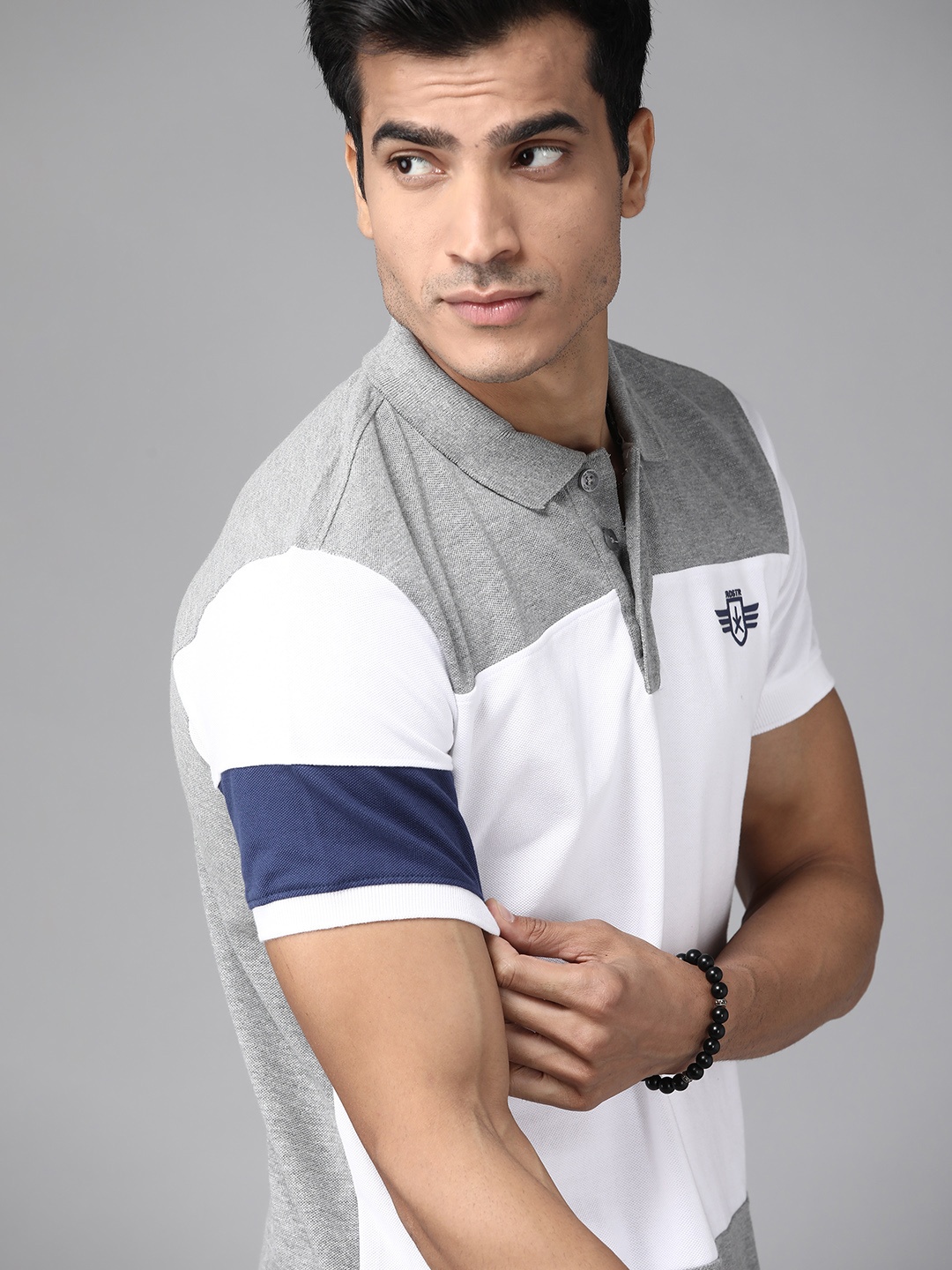 

The Roadster Lifestyle Co Men Grey & White Colourblocked Pure Cotton Polo Collar T-shirt