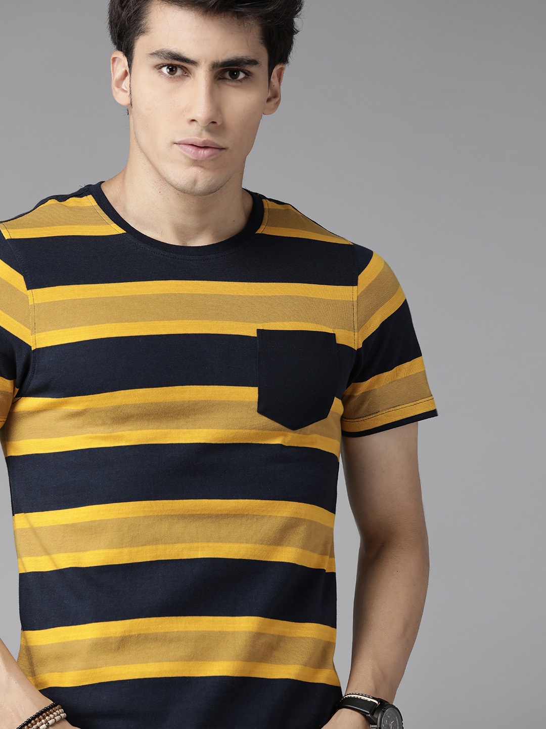 

The Roadster Lifestyle Co Men Mustard Yellow & Navy Blue Striped Pocket Cotton T-shirt