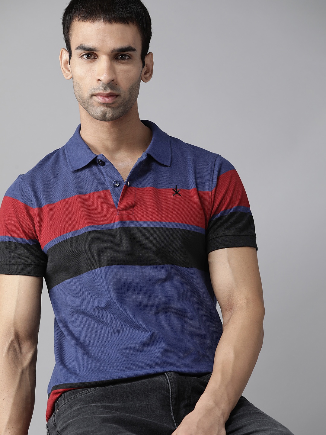 

Roadster Men Navy Blue Red Pure Cotton Striped Polo Collar T-shirt