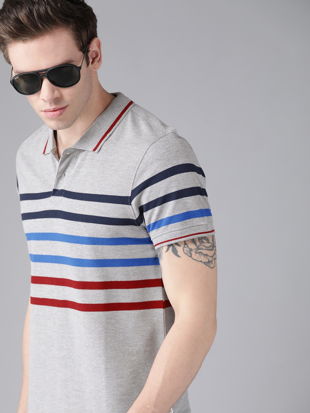 

Roadster Men Grey Melange Pure Cotton Striped Polo Collar T-shirt