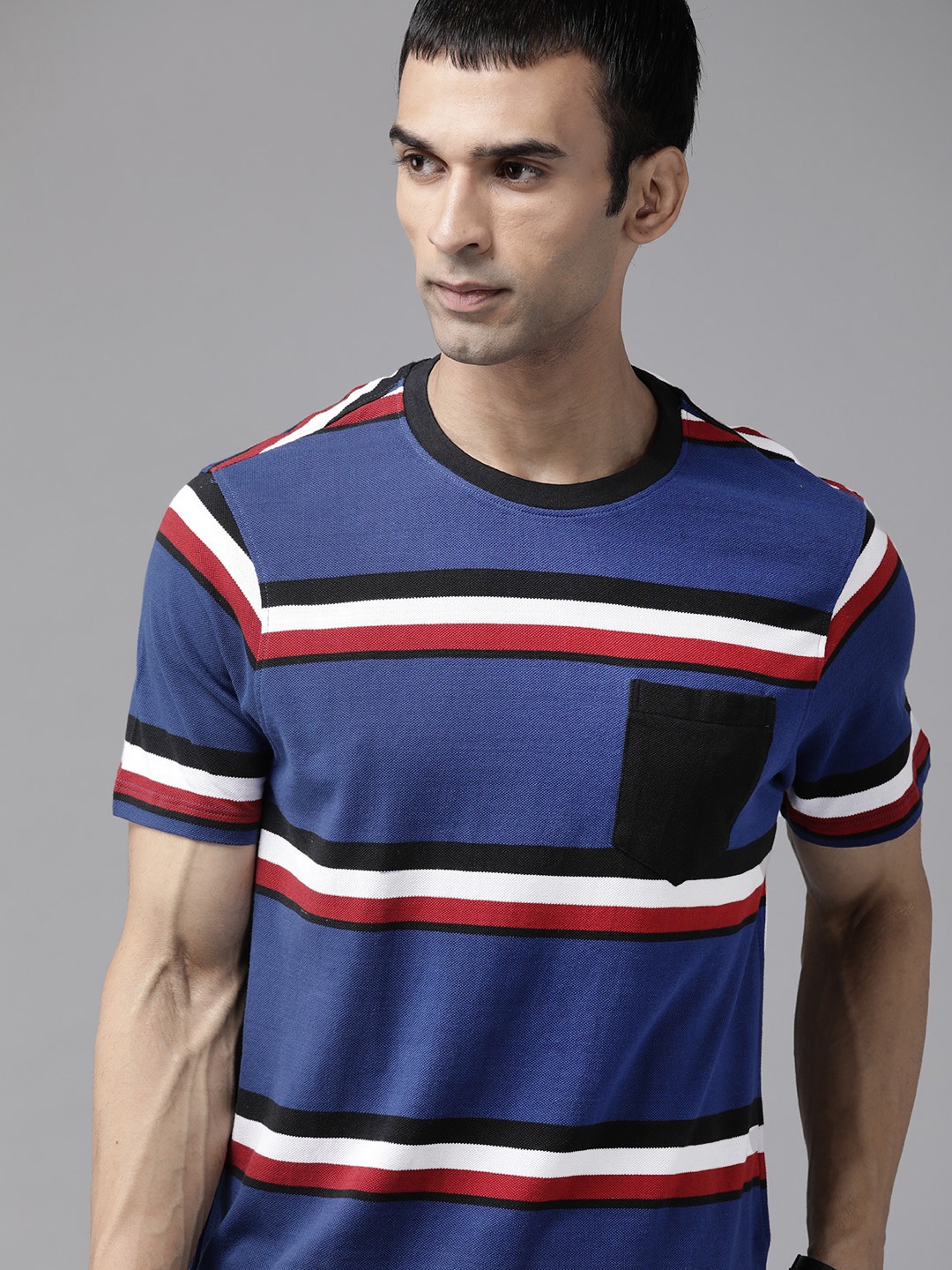 

The Roadster Lifestyle Co Men Blue & White Striped Pure Cotton Pocket T-shirt