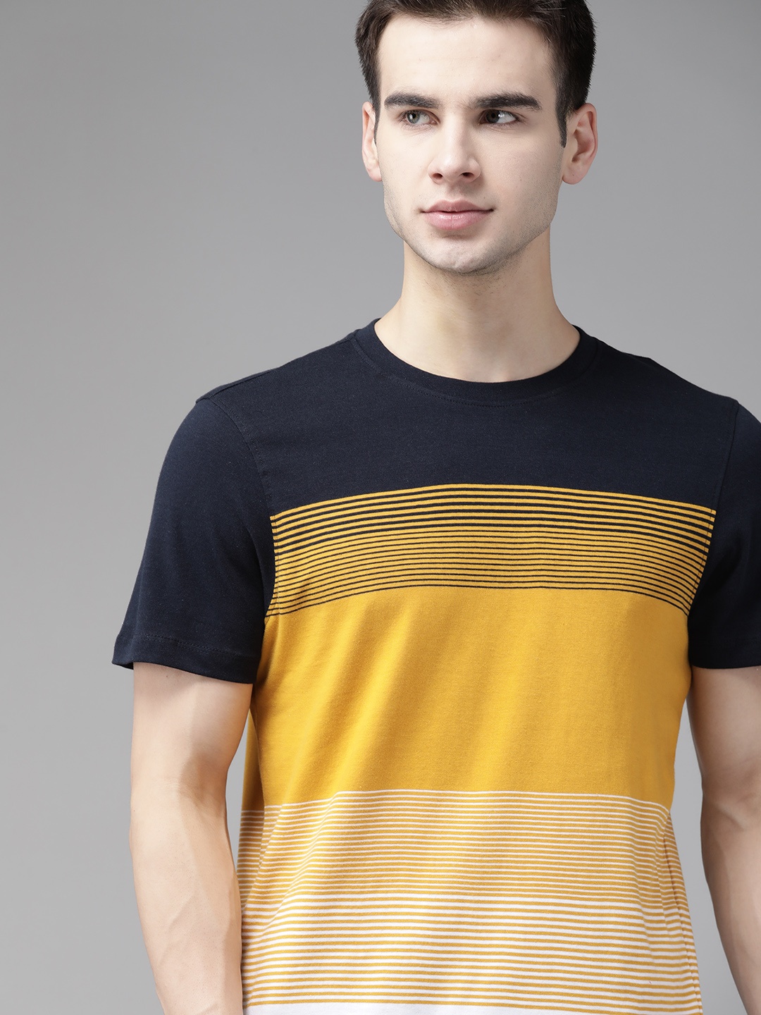 

The Roadster Lifestyle Co Men Mustard Yellow & Navy Blue Pure Cotton Striped Round Neck T-shirt