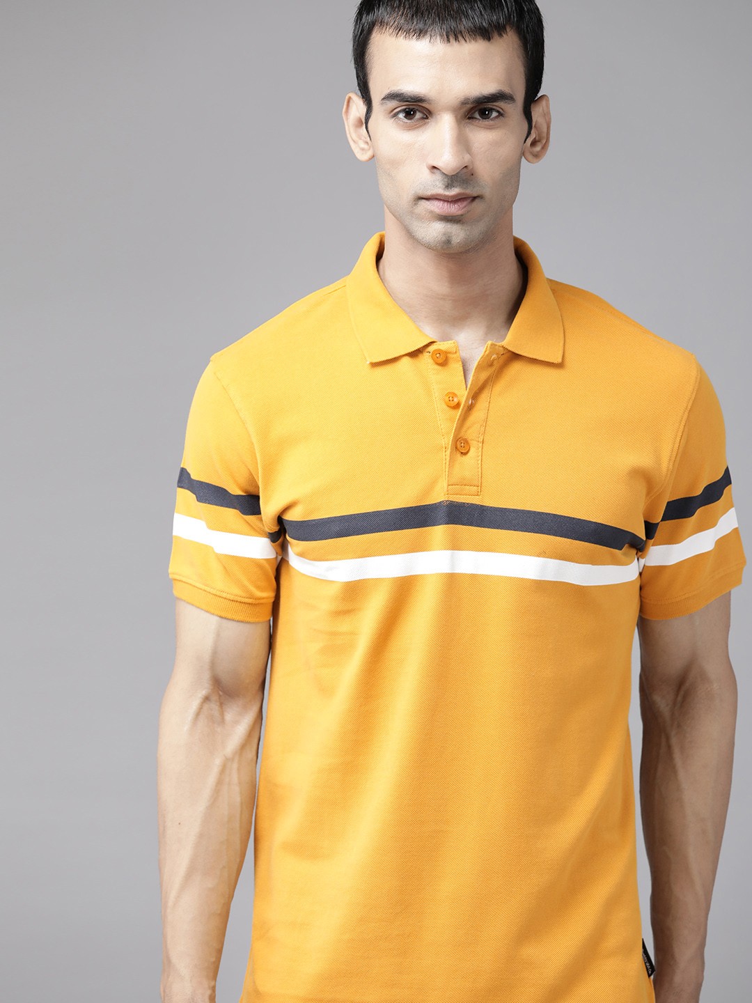 

Roadster Men Mustard Yellow White Striped Pure Cotton Polo Collar Pure Cotton T-shirt