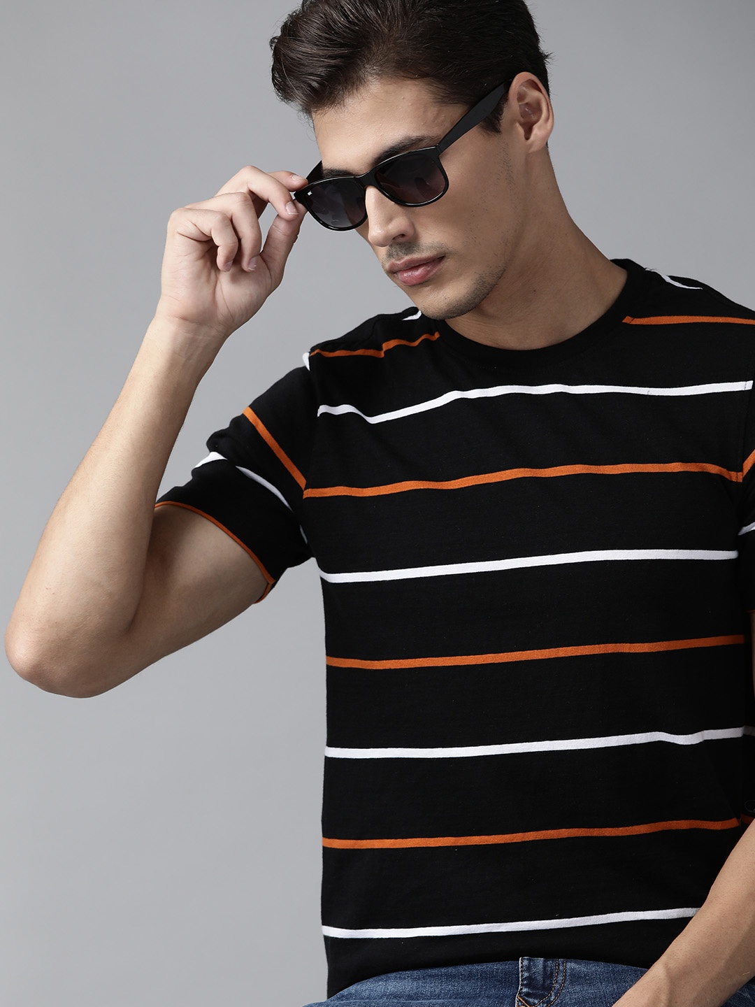 

The Roadster Lifestyle Co Men Black Orange Pure Cotton Striped Pure Cotton T-shirt