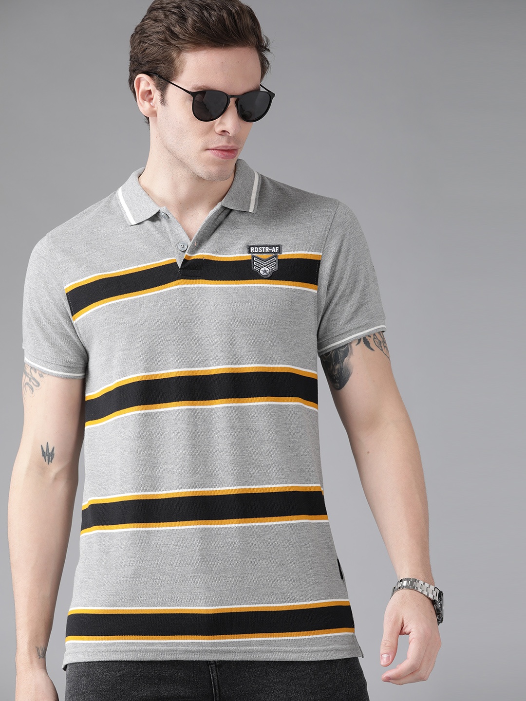 

Roadster Men Grey Melange & Black Striped Polo Collar Pure Cotton T-shirt