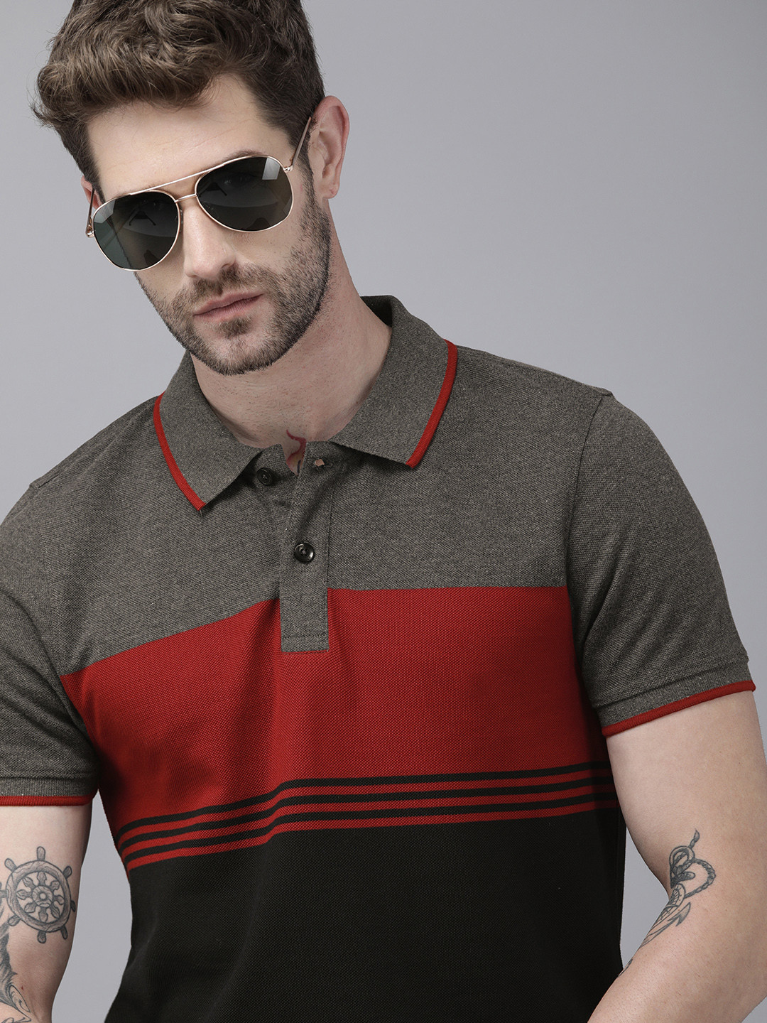 

The Roadster Lifestyle Co Men Grey Red Striped Polo Collar Pure Cotton T-shirt