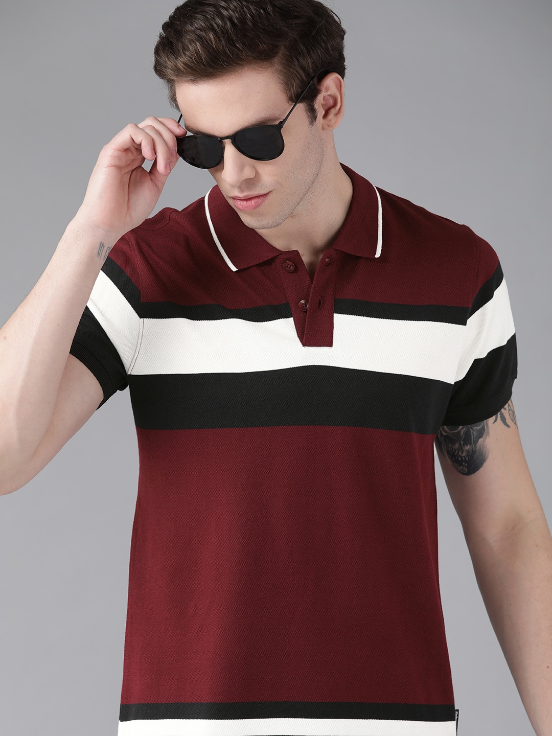 

Roadster Men Maroon & Off White Colourblocked Polo Collar Pure Cotton T-shirt