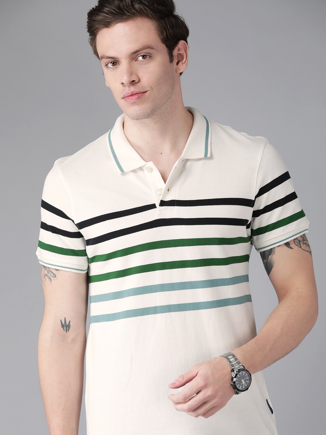 

Roadster Men Off White & Green Pure Cotton Striped Polo Collar T-shirt