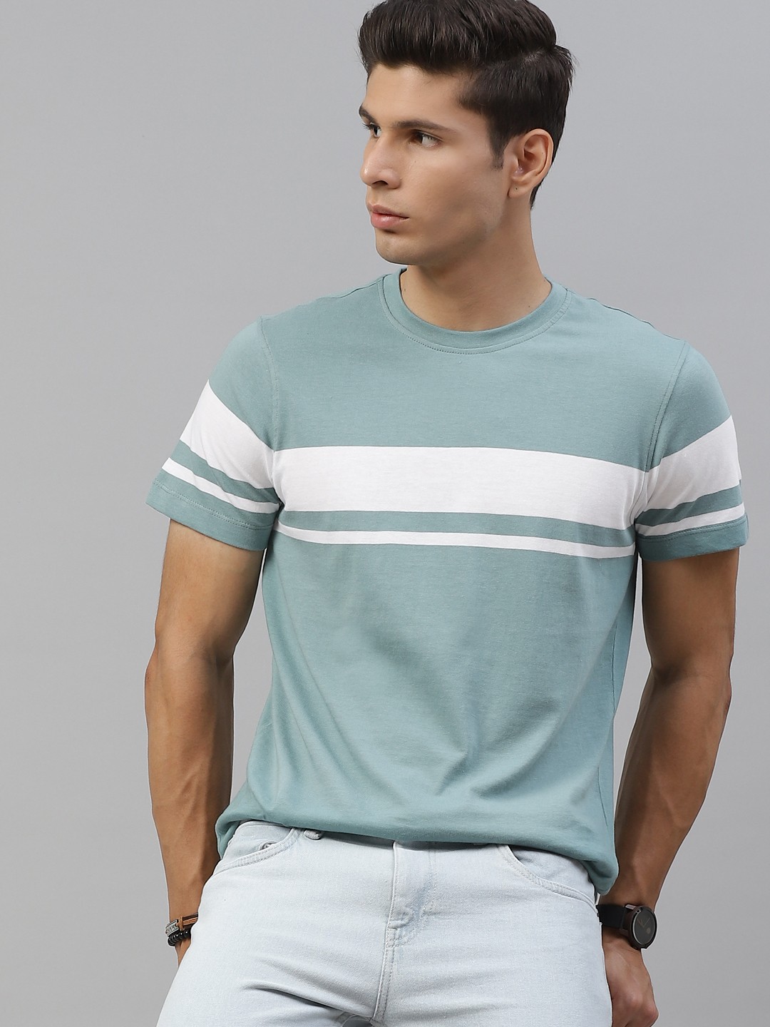 

The Roadster Lifestyle Co Men Blue & White Striped Pure Cotton T-shirt