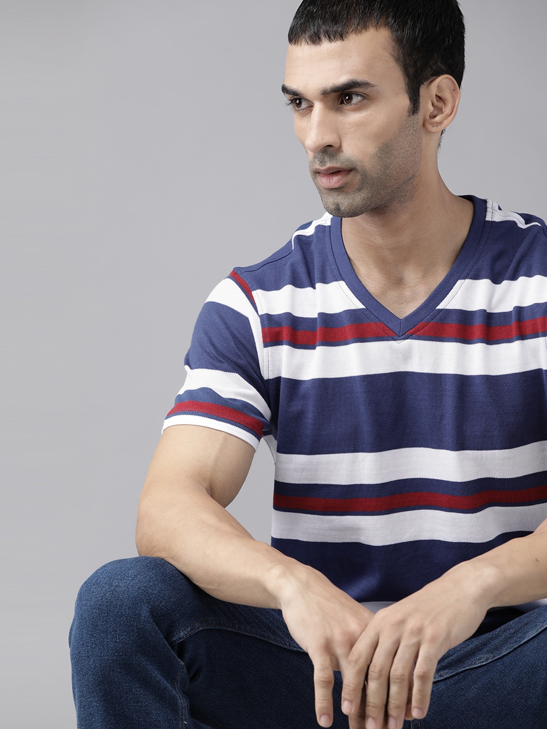 

The Roadster Lifestyle Co Men Navy Blue & White Striped Cotton V-Neck T-shirt