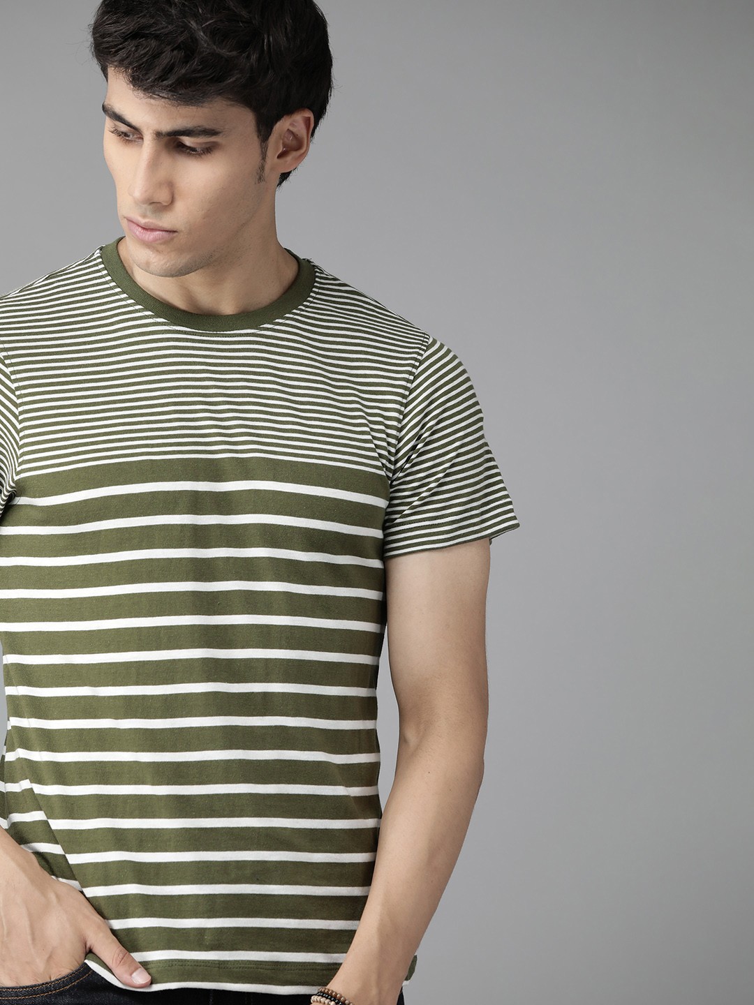 

The Roadster Lifestyle Co Men Green & White Striped Cotton T-shirt