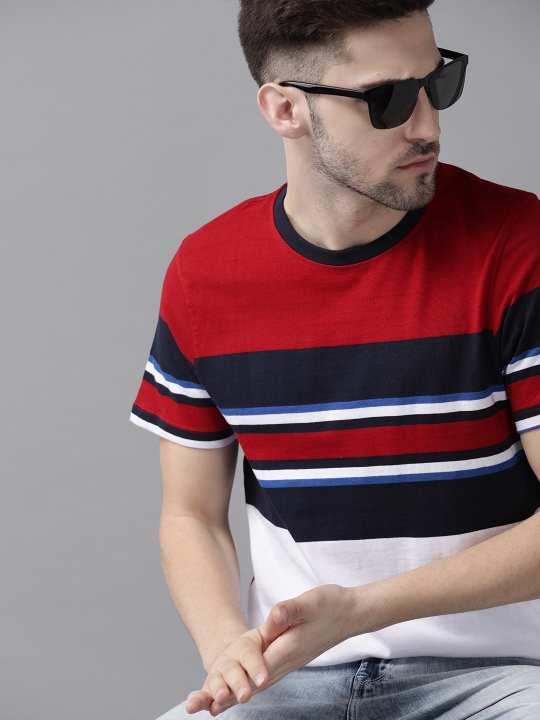 

The Roadster Lifestyle Co Men White & Red Striped Cotton T-shirt