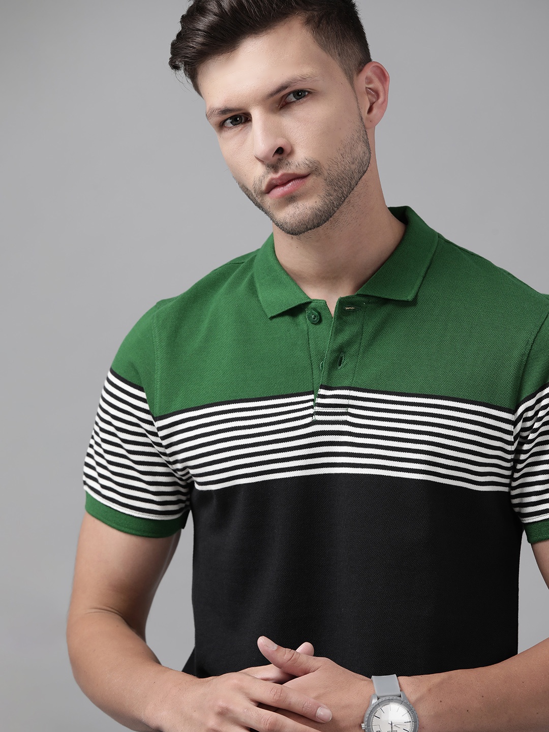 

Roadster Men Black & Green Striped Polo Collar Pure Cotton T-shirt