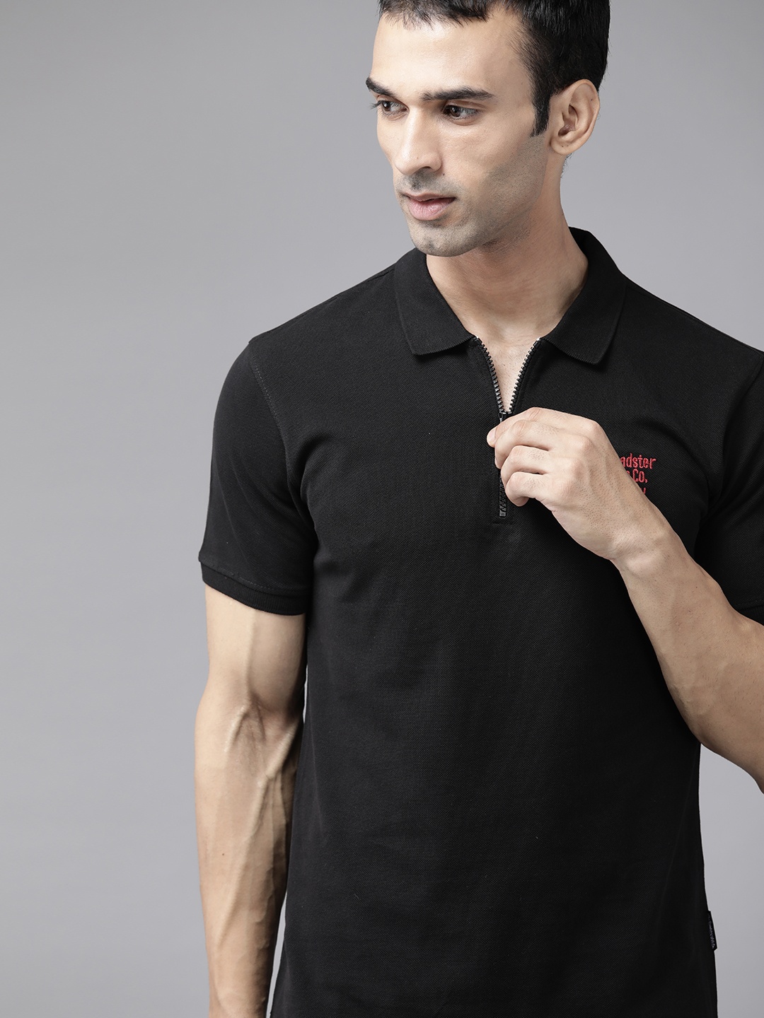 

Roadster Men Black Polo Collar Applique Pure Cotton T-shirt