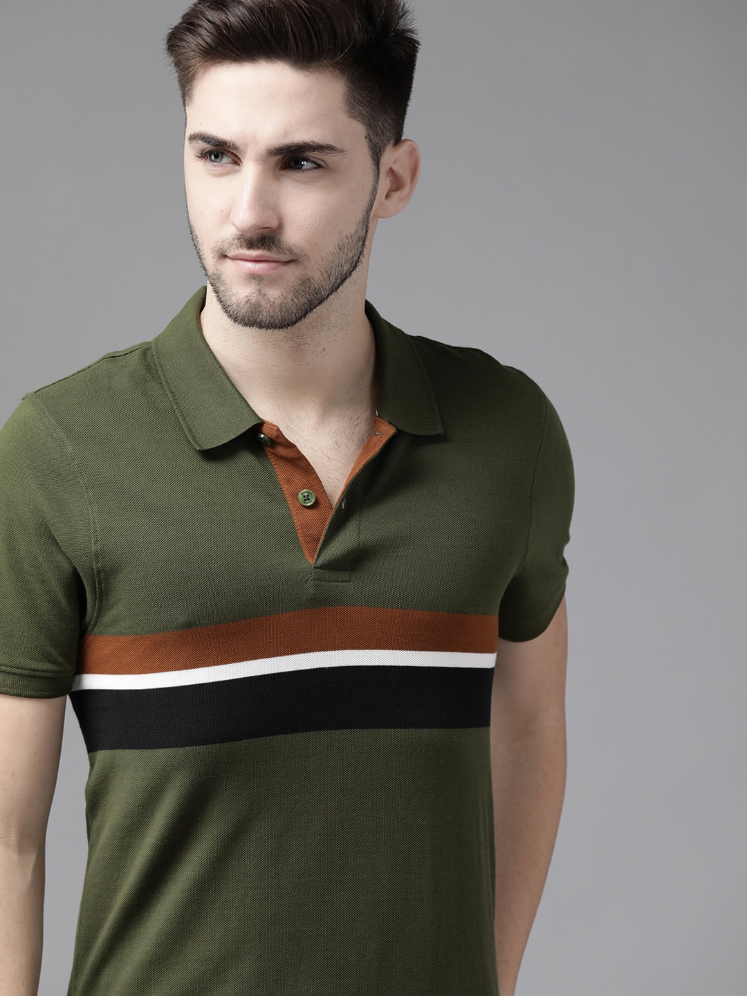 

The Roadster Lifestyle Co Men Green & Black Striped Cotton Polo Collar T-shirt