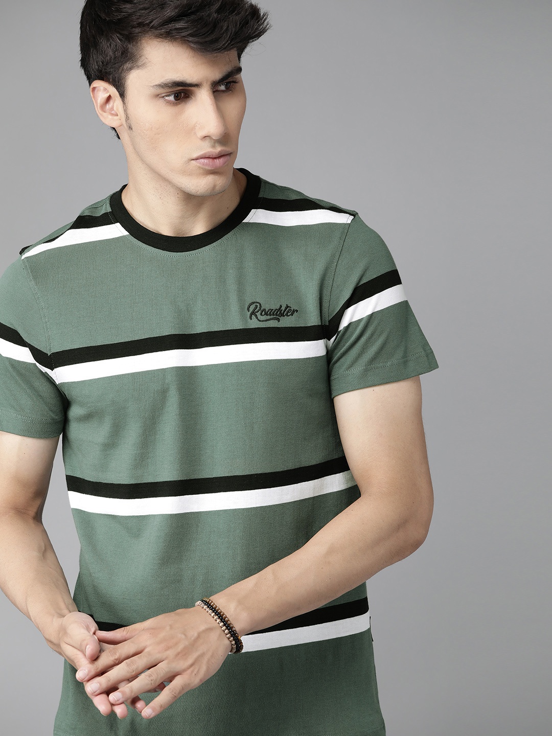 

The Roadster Lifestyle Co Men Green White Striped Pure Cotton T-shirt