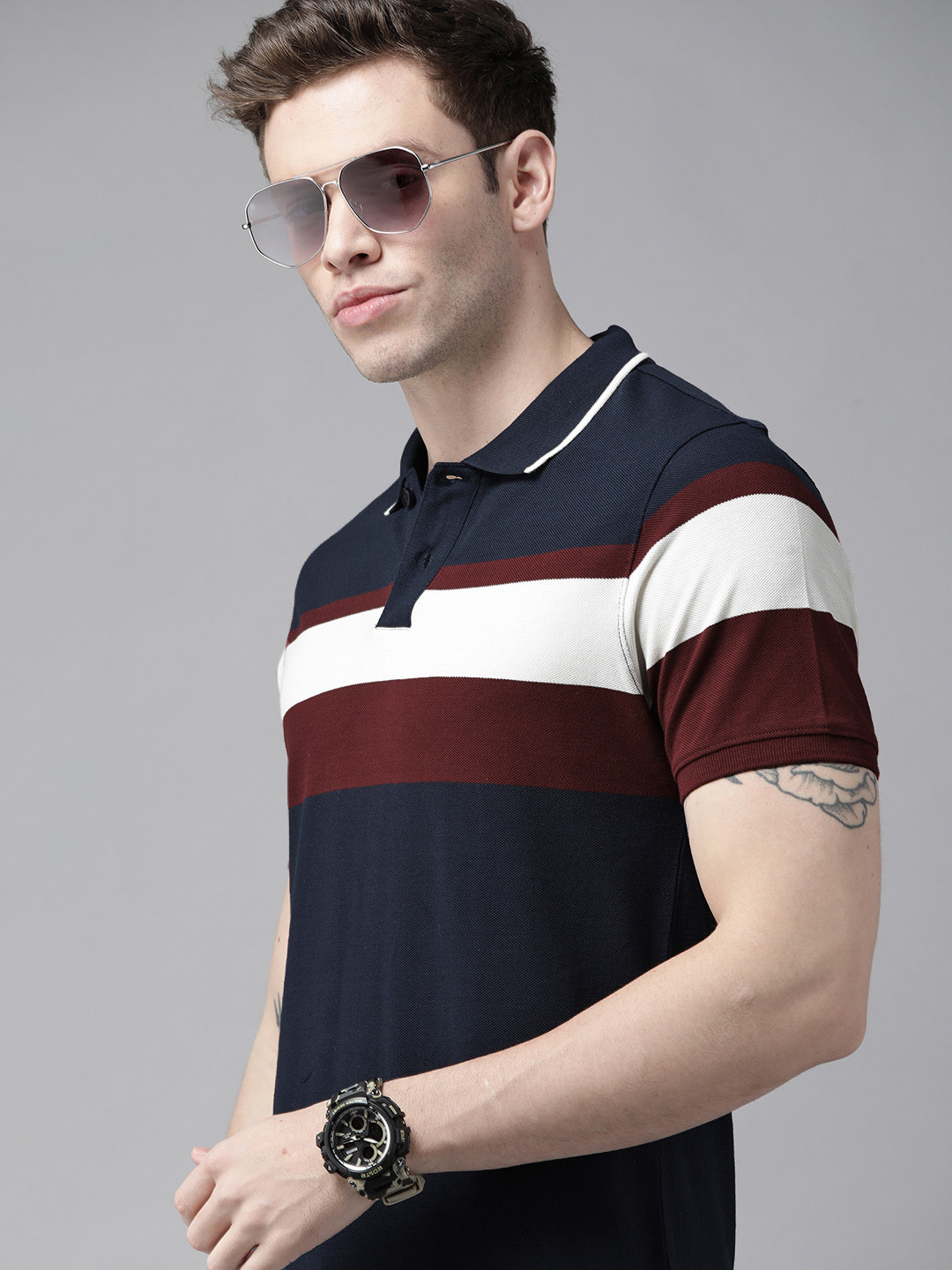 

Roadster Men Navy Blue & Maroon Colourblocked Polo Collar Pure Cotton T-shirt