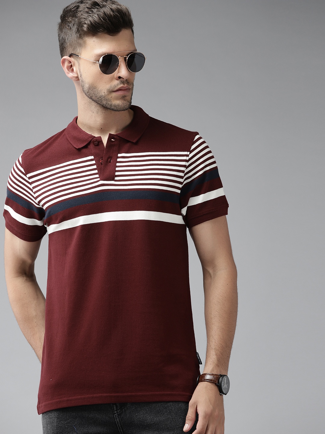 

Roadster Men Maroon & White Striped Polo Collar Pure Cotton T-shirt