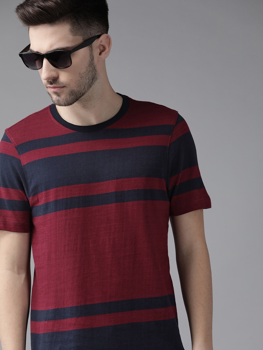 

Roadster Men Maroon Navy Blue Striped Cotton T-shirt