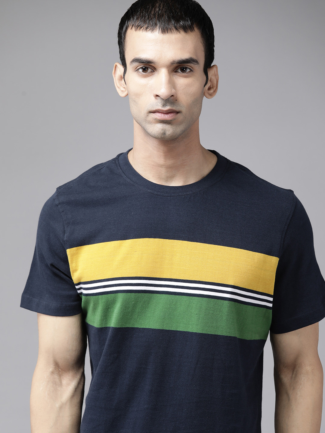 

Roadster Men Navy Blue Yellow Pure Cotton Striped Pure Cotton T-shirt