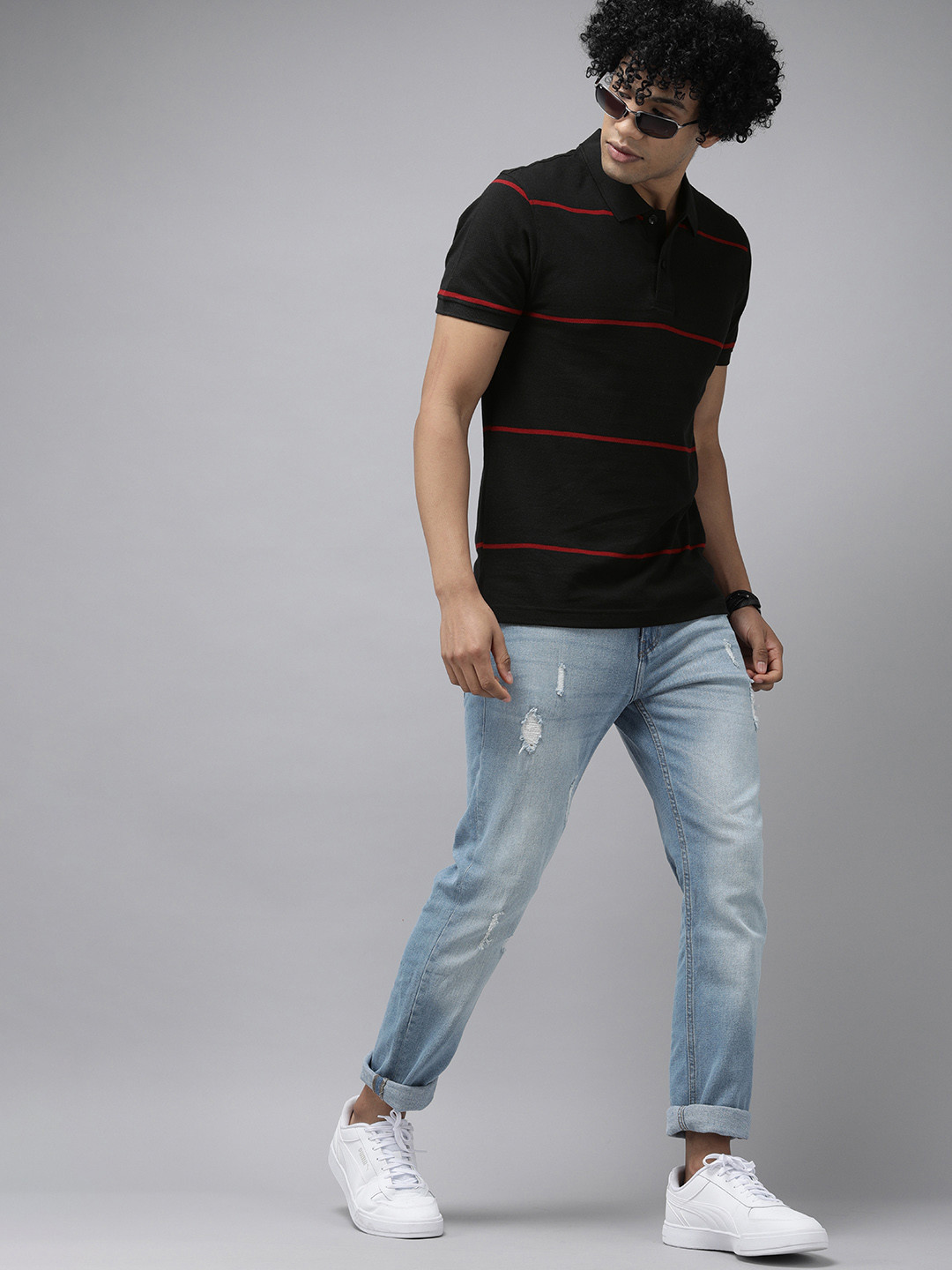 

The Roadster Lifestyle Co Men Black Red Striped Pure Cotton Polo Collar Pure Cotton T-shirt