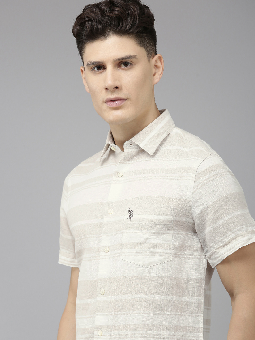 

U.S. Polo Assn. Tailored Fit Striped Cotton Linen Casual Shirt, Beige