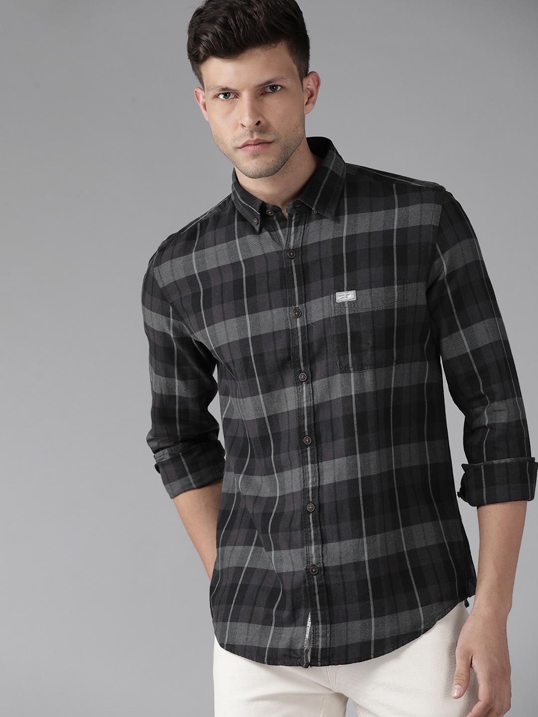 

U.S. Polo Assn. Men Charcoal Grey & Black Tartan Checked Cotton Casual Shirt