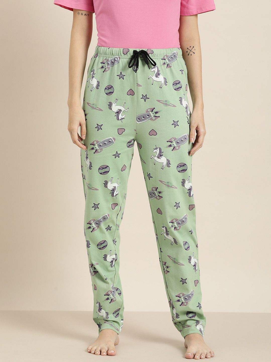 

QUARANTINE Women Green & White Unicorn Print Pure Cotton Lounge Pants
