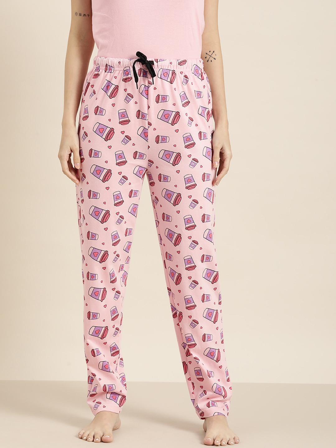 

QUARANTINE Women Peach-Coloured & Purple Printed Pure Cotton Lounge Pants