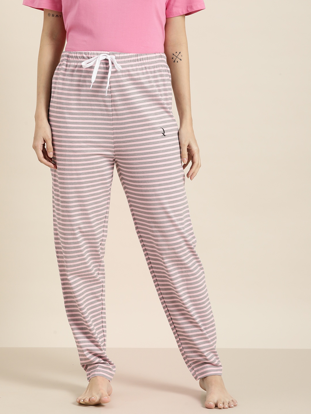 

QUARANTINE Women Peach-Coloured & Grey Striped Pure Cotton Lounge Pants