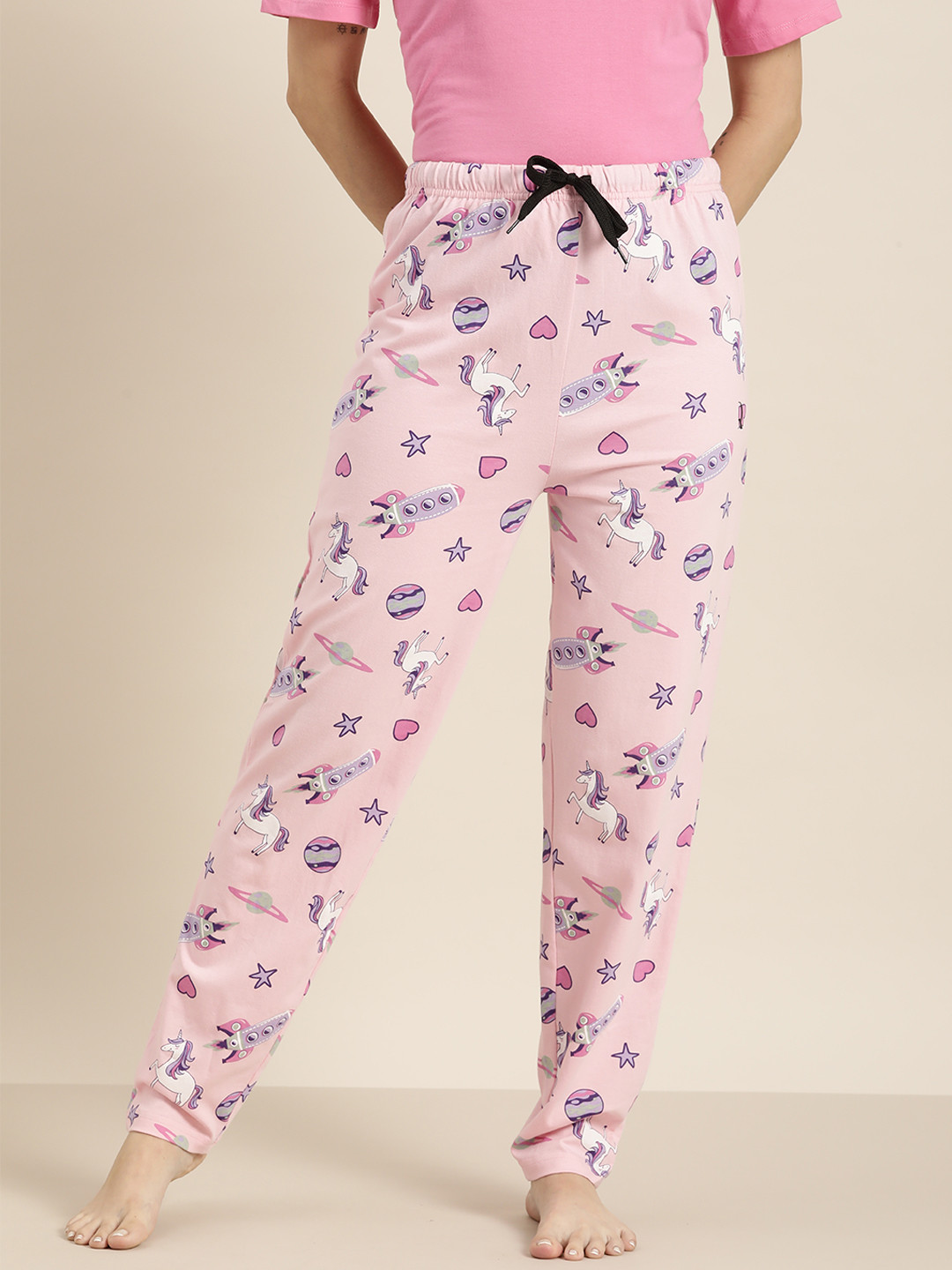 

QUARANTINE Women Peach-Coloured & White Unicorn Print Pure Cotton Lounge Pants