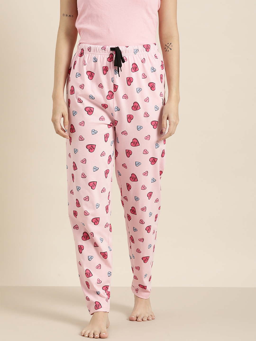 

QUARANTINE Women Peach-Coloured & Blue Printed Pure Cotton Lounge Pants
