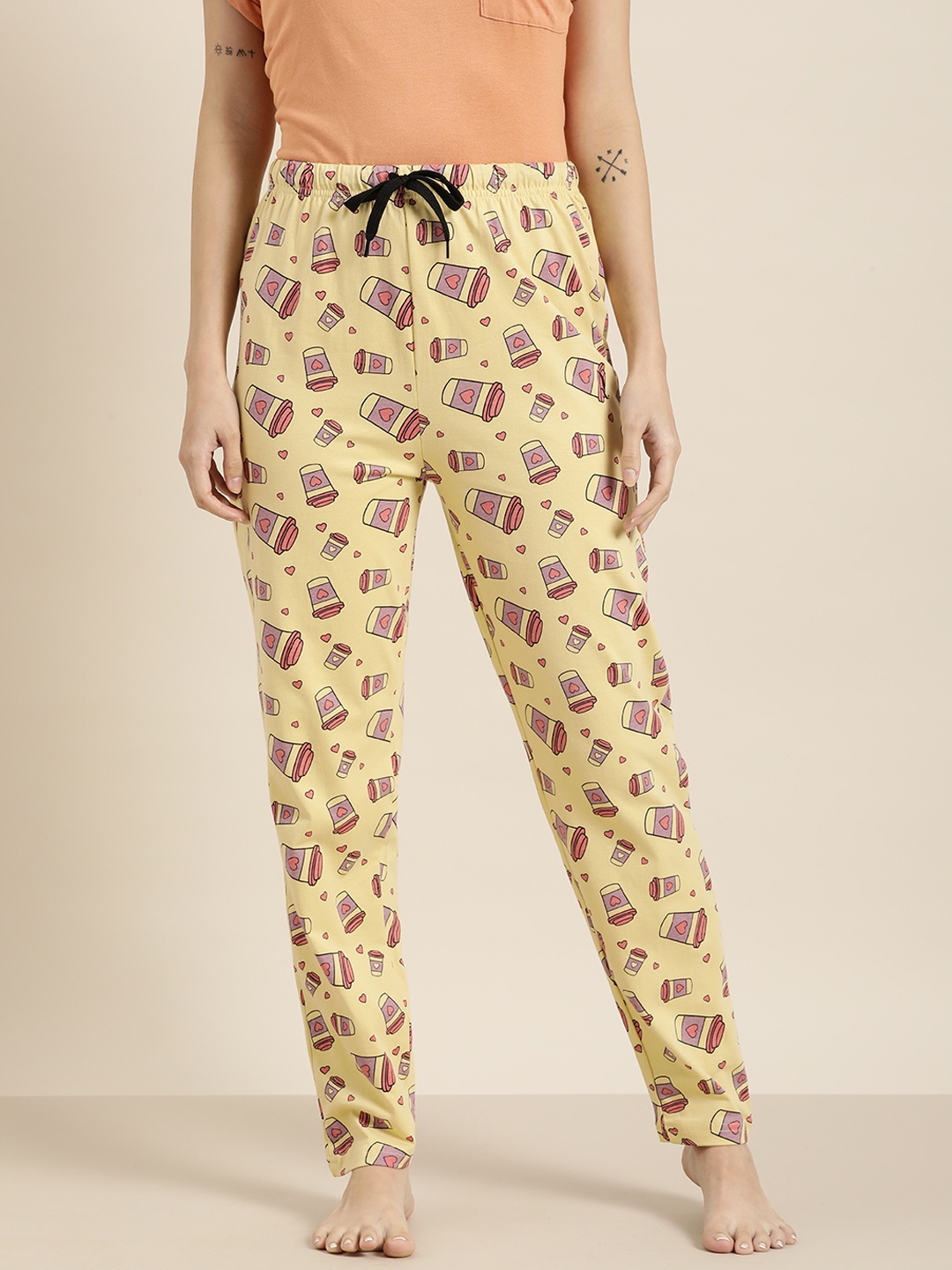 

QUARANTINE Women Yellow & Pink Quirky Print Pure Cotton Lounge Pants