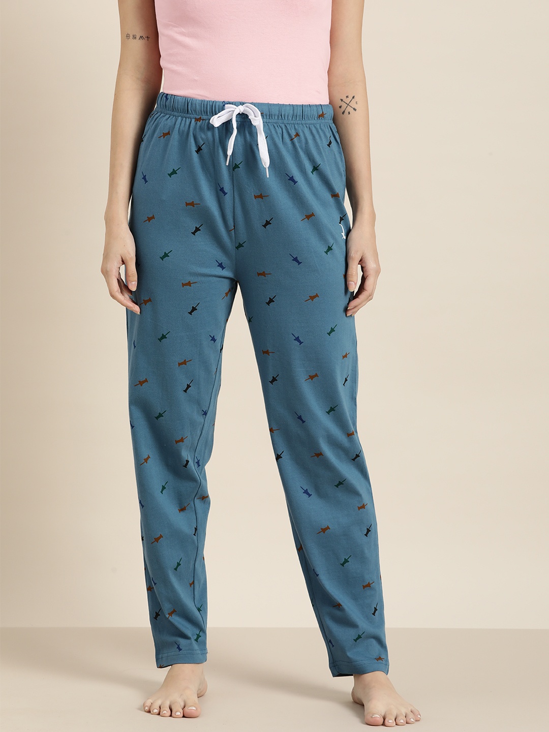

QUARANTINE Women Blue & Red Push Pin Print Pure Cotton Lounge Pants