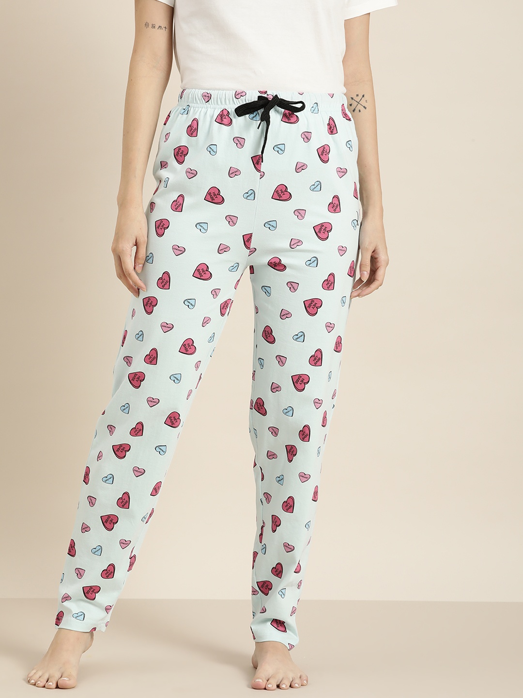 

QUARANTINE Women Blue & Pink Heart Print Pure Cotton Lounge Pants