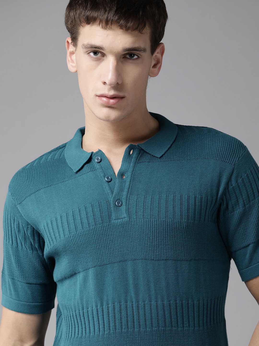 

The Roadster Lifestyle Co Men Teal Blue Self-Striped Polo Collar Cotton T-shirt
