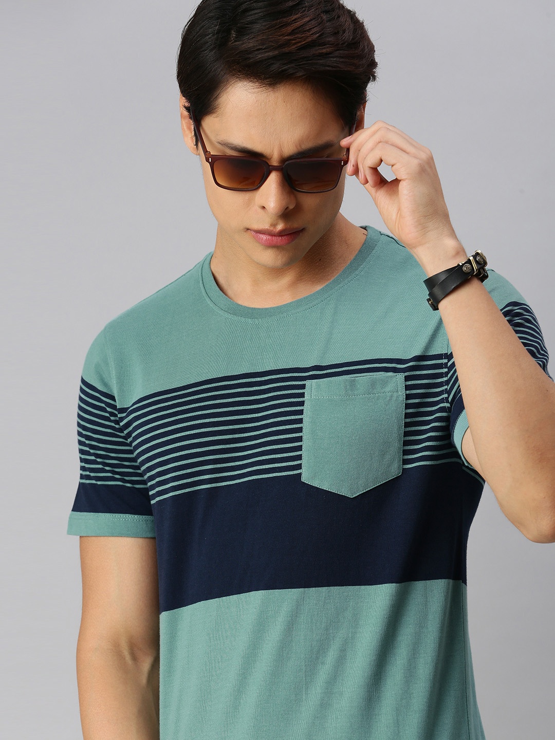 

The Roadster Lifestyle Co Men Green Blue Striped Pure Cotton T-shirt