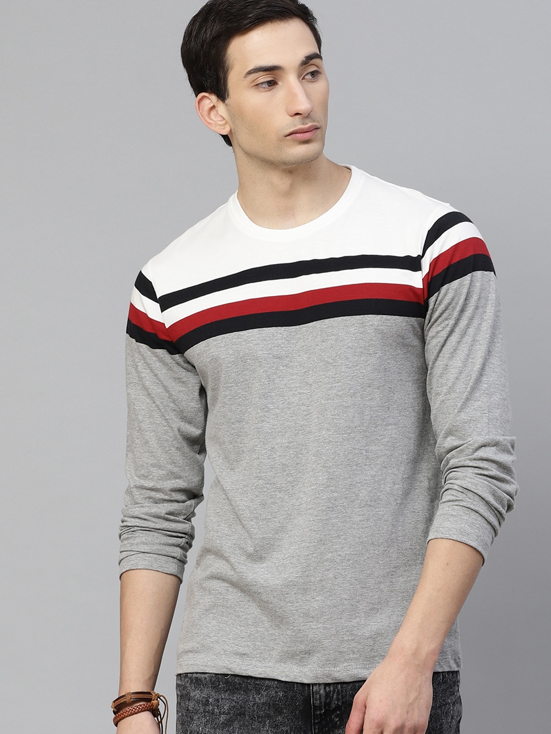 

The Roadster Lifestyle Co Men Grey Melange & White Striped Round Neck T-shirt