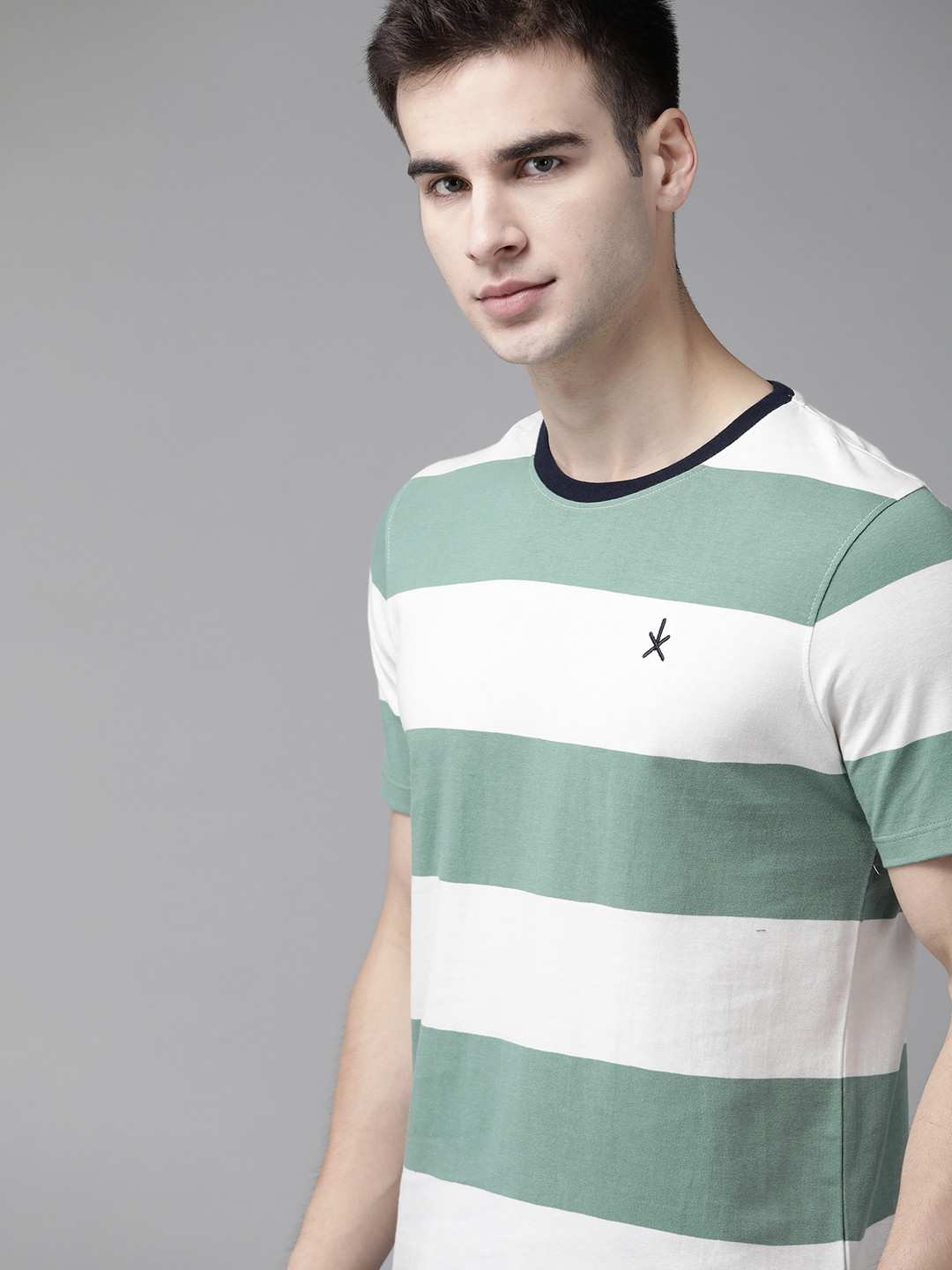 

The Roadster Lifestyle Co Men Green White Pure Cotton Striped Round Neck Pure Cotton T-shirt
