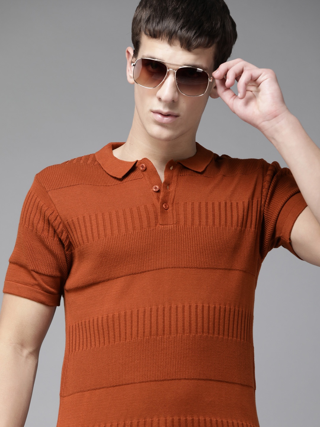 

The Roadster Lifestyle Co Men Rust Orange Cotton Self-Striped Ribbed Polo Collar T-shirt