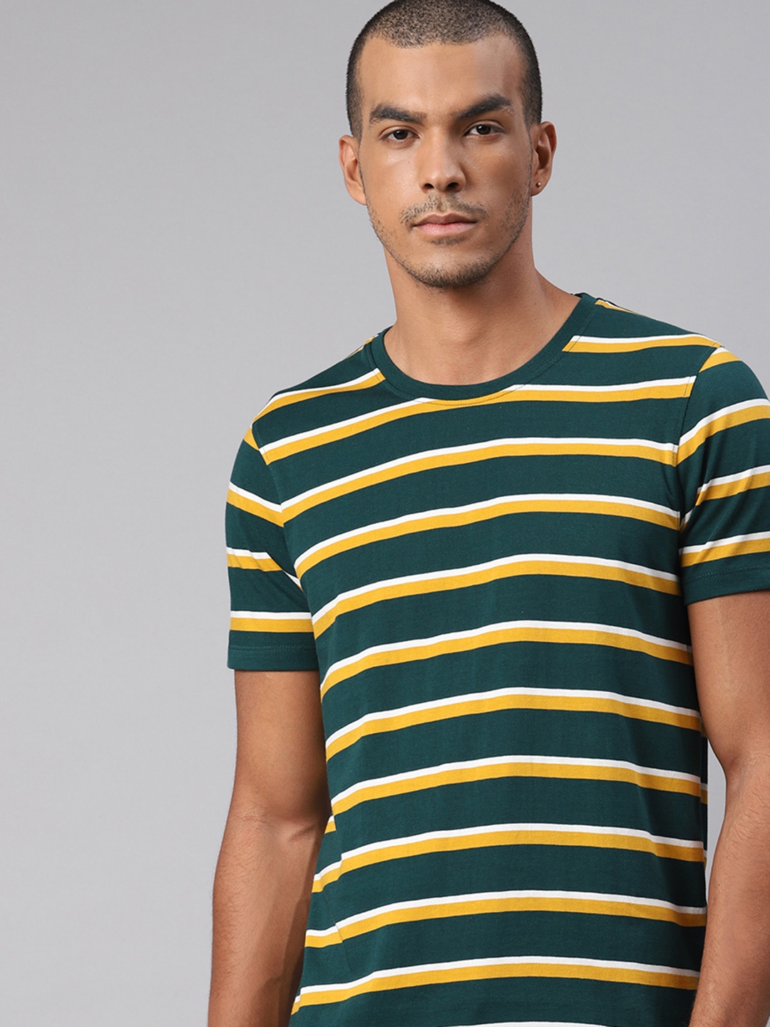 

The Roadster Lifestyle Co Men Teal Green & Yellow Striped Pure Cotton Round Neck T-shirt