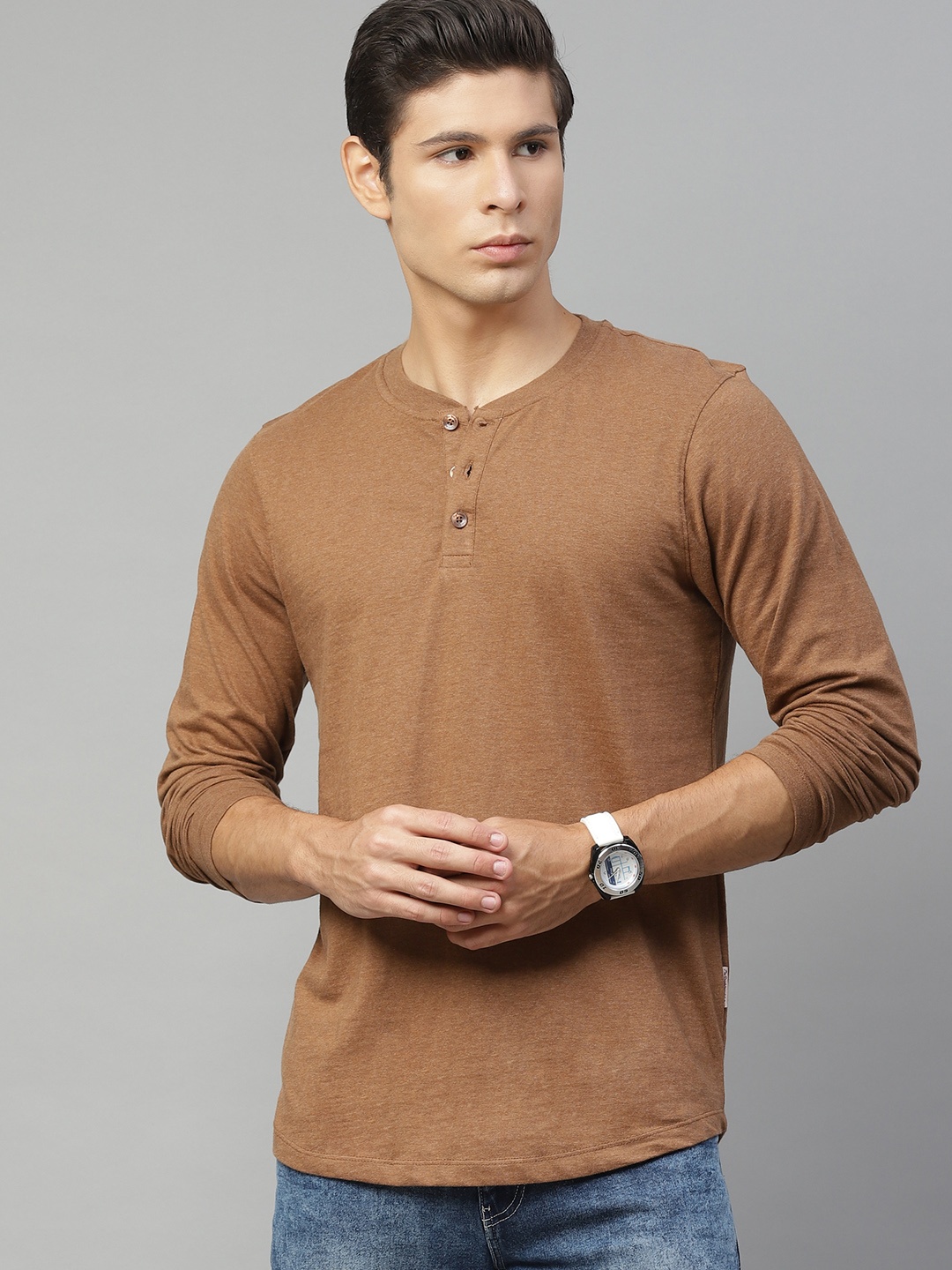 

The Roadster Lifestyle Co Men Mustard Brown Cotton Solid Henley Neck Pure Cotton T-shirt