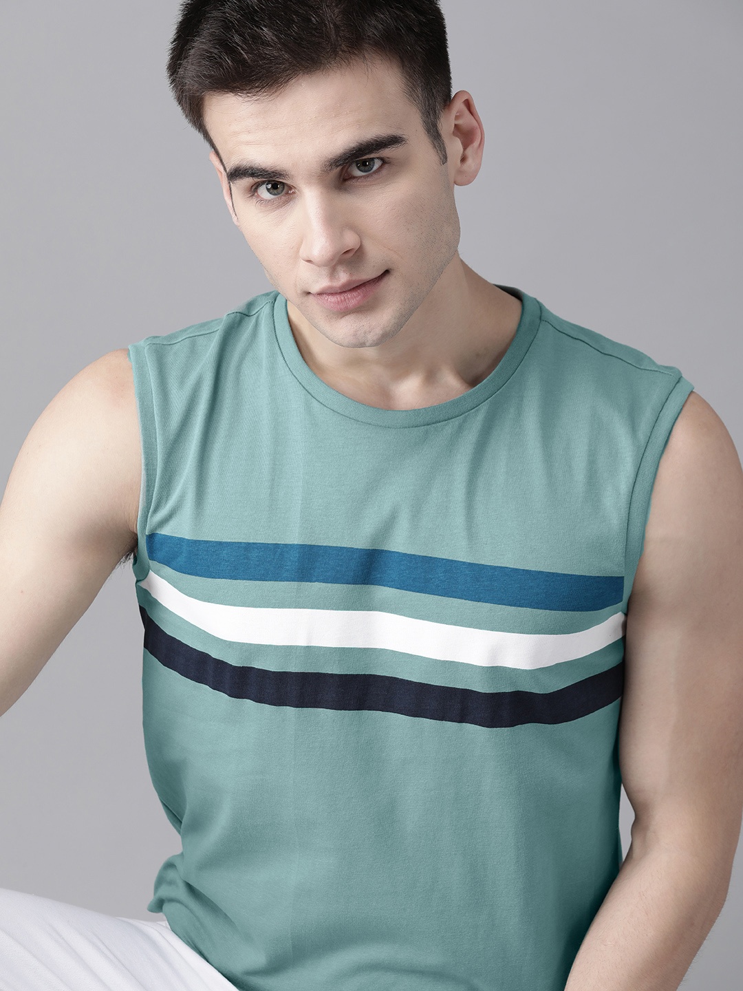 

The Roadster Lifestyle Co Men Green & Navy Blue Pure Cotton Striped T-shirt