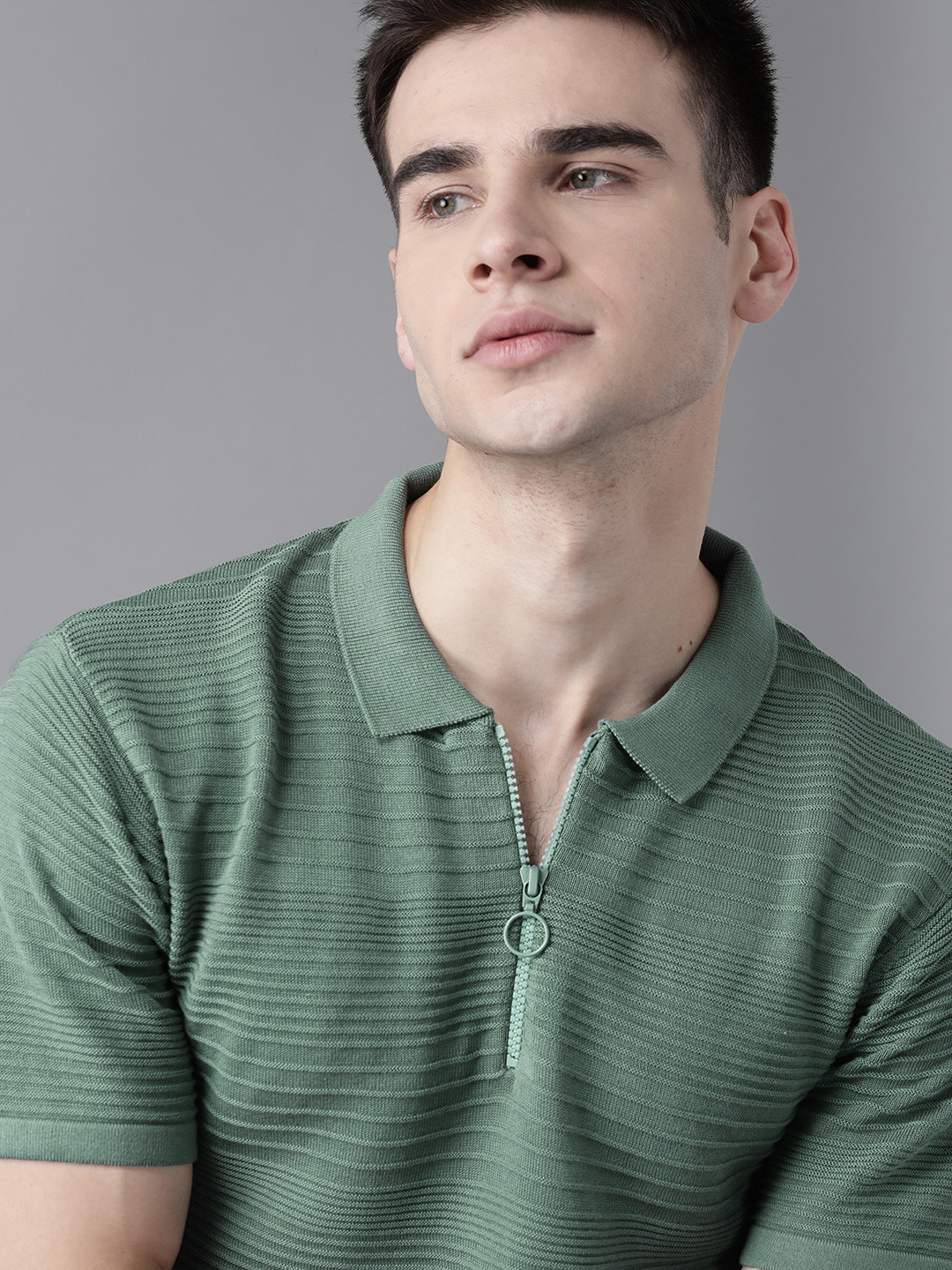 

The Roadster Lifestyle Co Men Green Self Striped Polo Collar Pure Cotton T-shirt