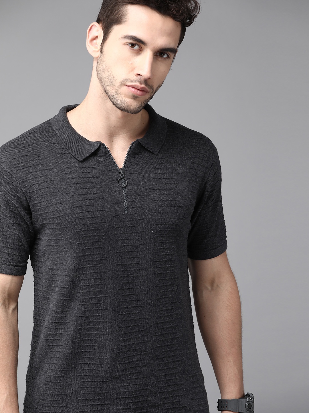 

The Roadster Lifestyle Co Men Charcoal Grey Melange Pure Cotton Self Design Polo Collar T-shirt