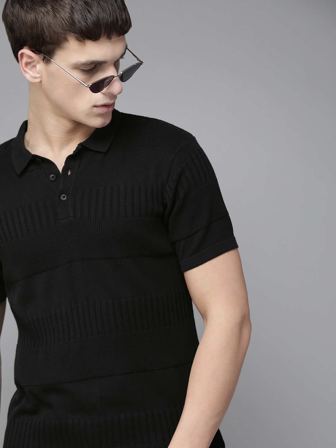 

The Roadster Lifestyle Co Men Black Cotton Self-Striped Ribbed Polo Collar T-shirt
