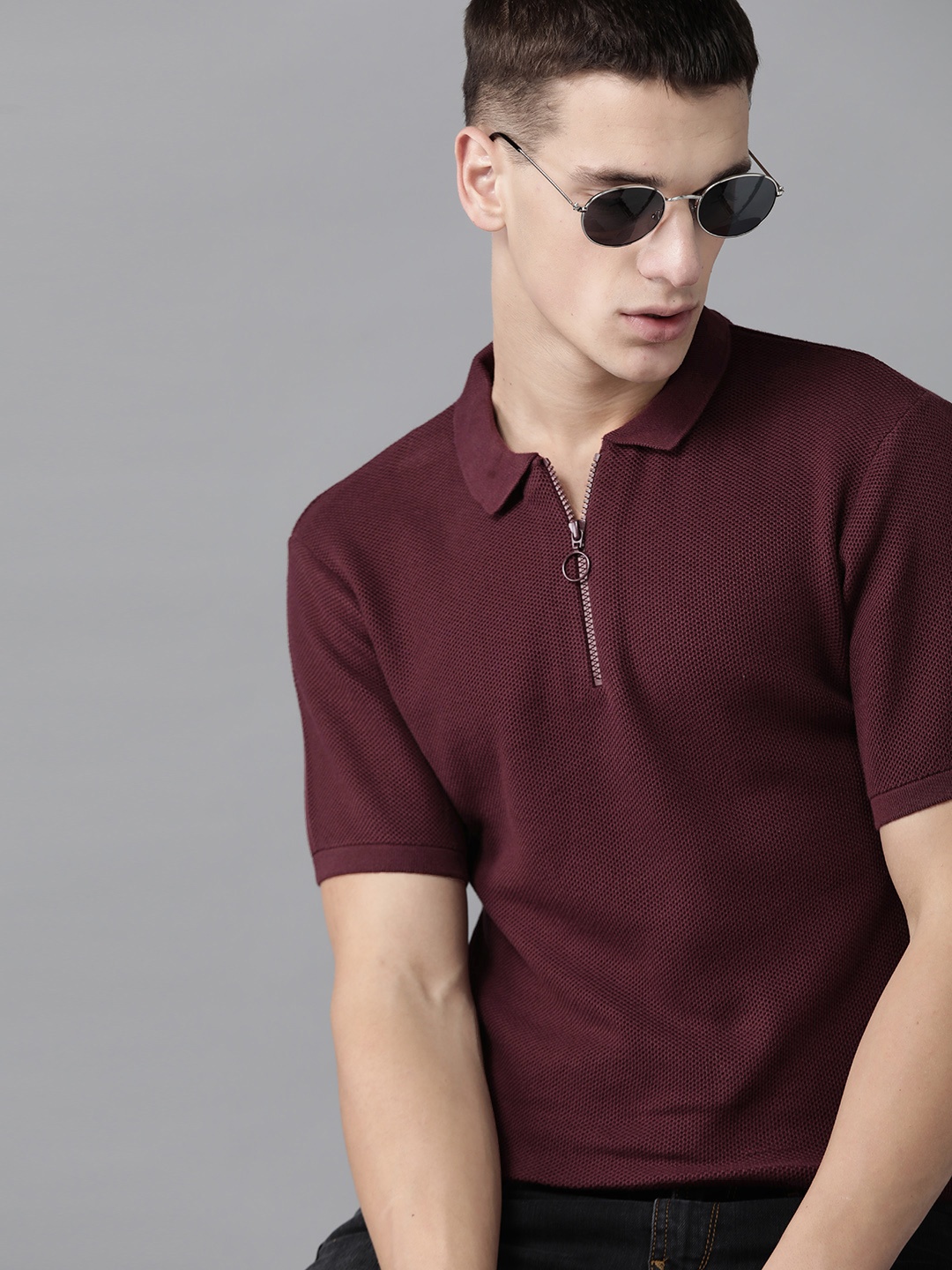 

The Roadster Lifestyle Co Men Burgundy Pure Cotton Self-Design Polo Collar Pure Cotton T-shirt