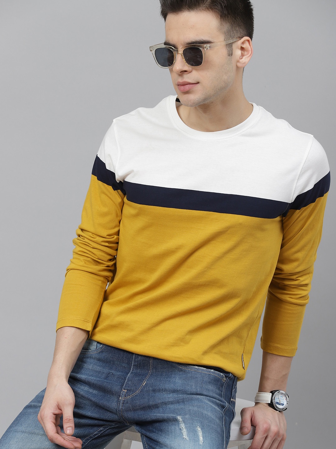 

The Roadster Lifestyle Co Men Colourblocked Round Neck T-shirt, Mustard